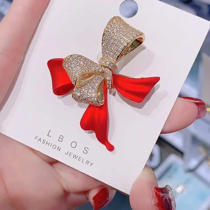 锆石铜合金蝴蝶结胸针 红色