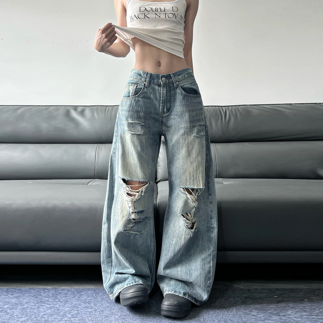 美式高街破洞cleanfit做旧垂感牛仔裤男女夏季小众设计感微喇裤潮