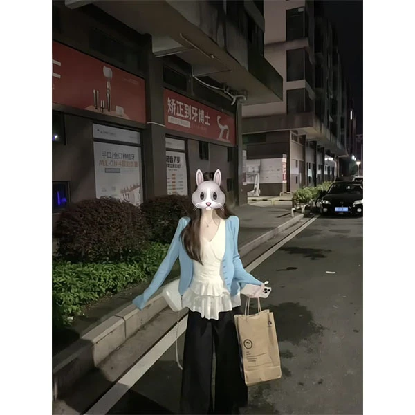 法式复古蓝色针织开衫女2025新款气质小众设计感别致吊带裤子套装