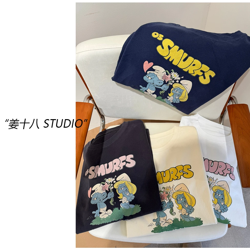 姜十八-「求爱蓝精灵」韩国单！高品质卡通水洗印花宽松打底T恤！