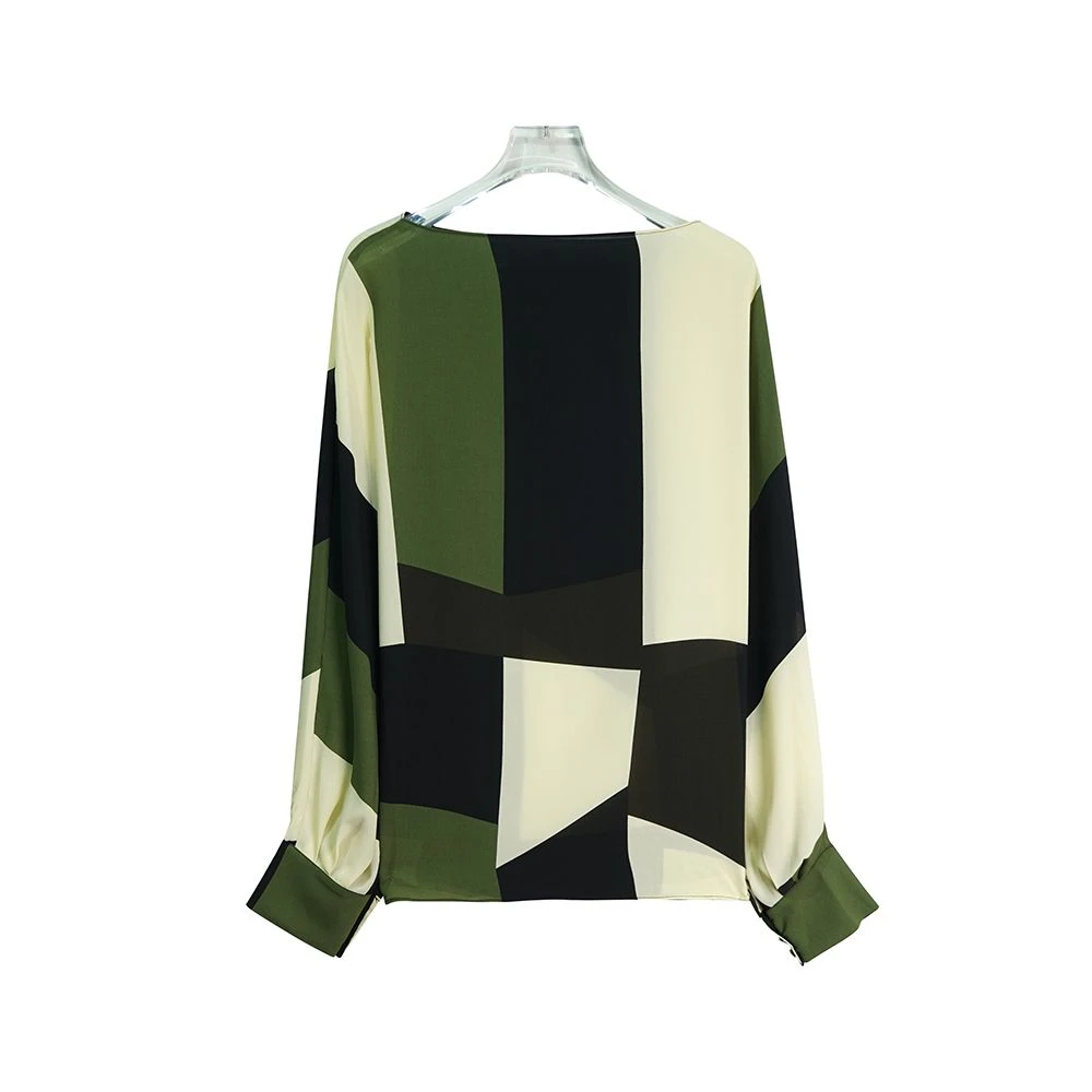 X23147【上新】经典撞色几何印花圆领落肩袖气质衬衫3Q