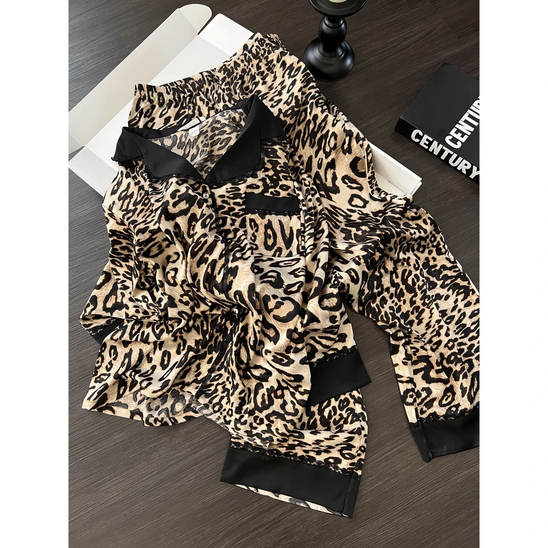 法式高级豹纹蕾丝边冰丝睡衣女春秋新款可外穿长袖长裤居家服套装