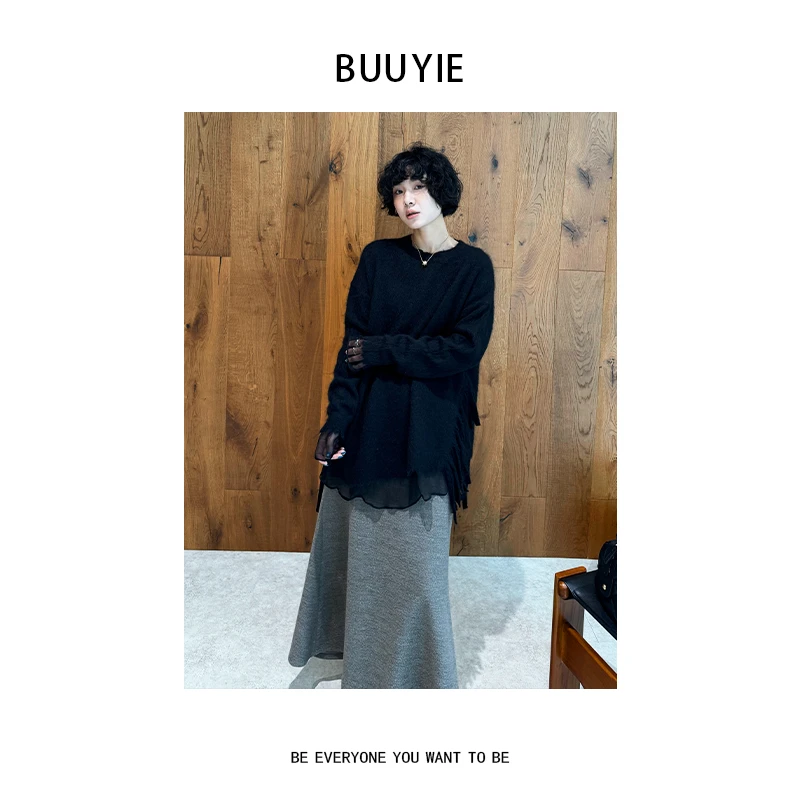 BUUYIE【邃绒】马海毛绵羊毛设计师百搭气质高级感毛衣251147