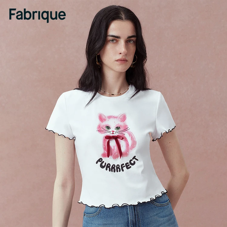 【Fabrique】 Tea cat 新款手绘小猫蝴蝶结棉白色印花短款修身T恤