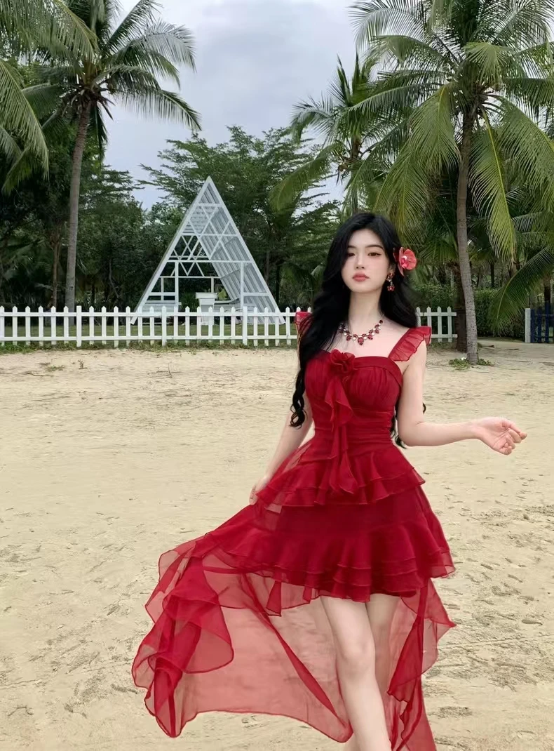 【山茶之恋】 大码女装甜辣妹小飞袖雪纺绝美公主风度假风连衣裙