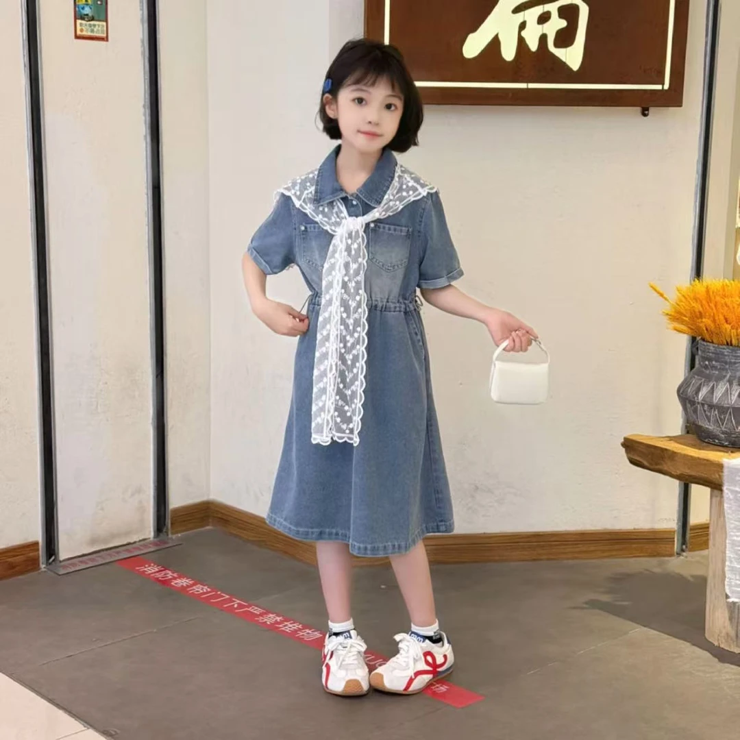 女童夏季时髦牛仔裙子2025新款女孩夏装时尚穿搭中大童韩系连衣裙