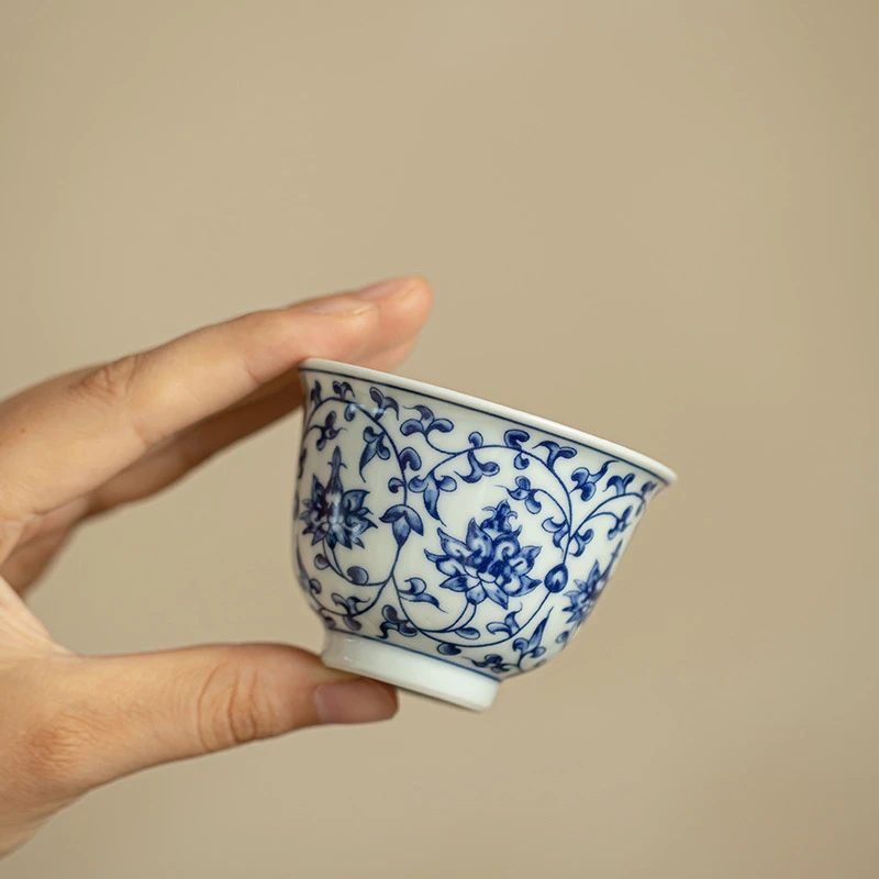 景德镇手工压手杯青花主人品茗杯功夫茶具客杯缠枝莲茶杯茶具优选