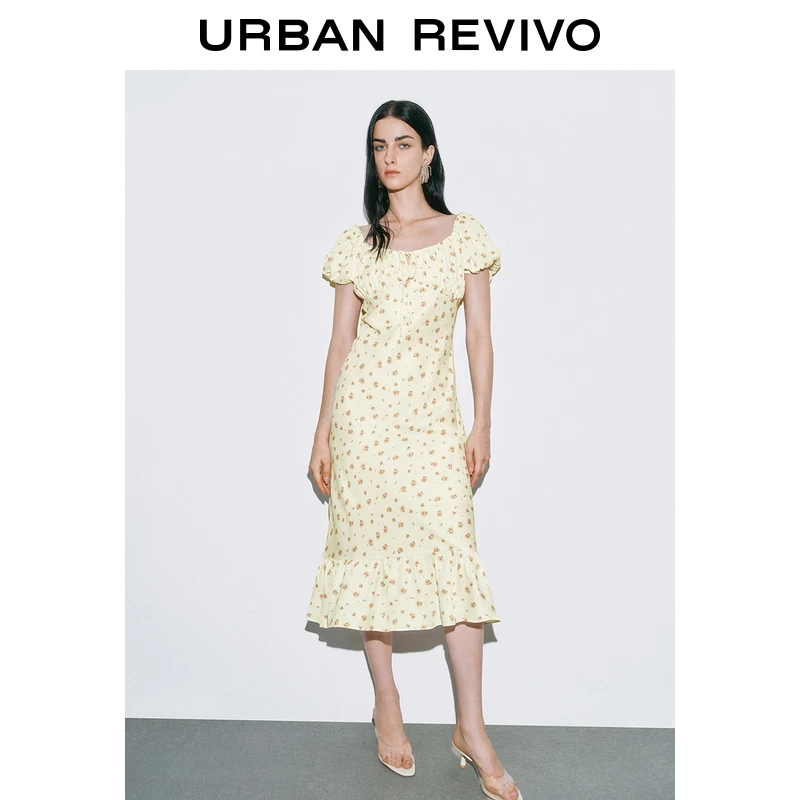 UR2025秋季新款女装休闲碎花系带后开衩短袖连衣裙UWG750202