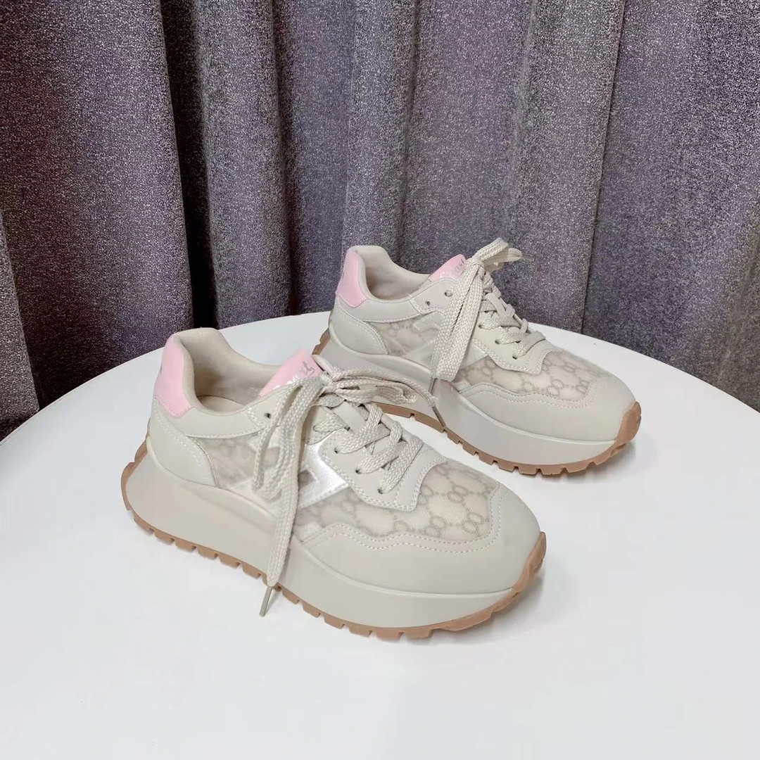 C6845   杏/粉 时尚百搭厚底圆头阿甘鞋系带女休闲德训鞋