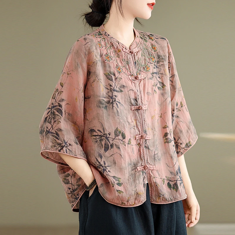 新中式女装国风刺绣小衫短袖衬衫印花时尚百搭宽松显瘦上衣女夏季