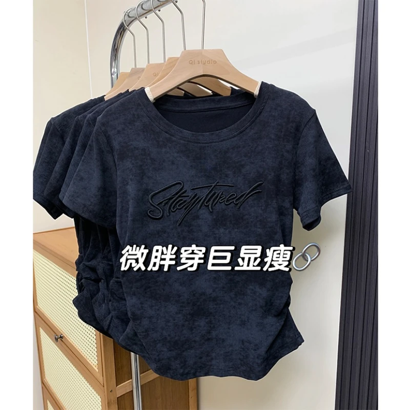 大码胖mm200斤韩系潮牌扎染圆领掐腰遮肉短袖t恤女夏修身气质上衣