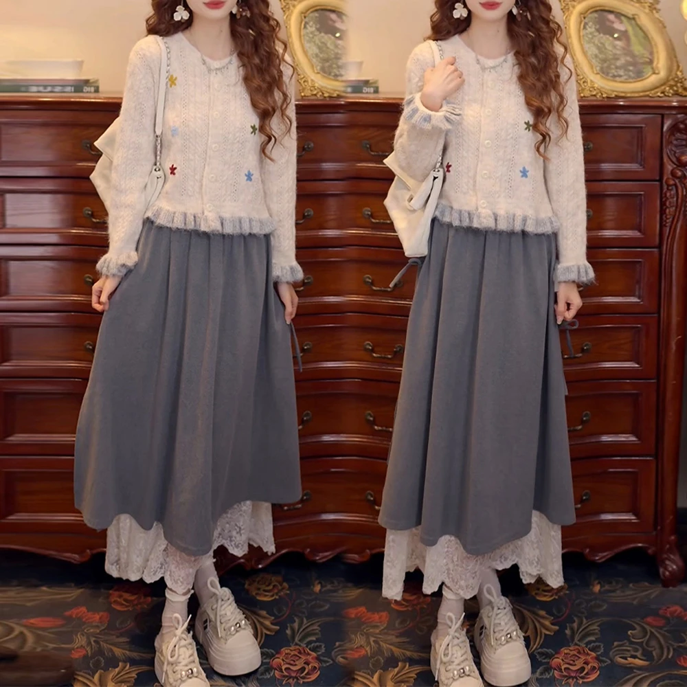 韩系复古纯色简约时尚百搭长袖女春秋2025针织衫半身裙套装