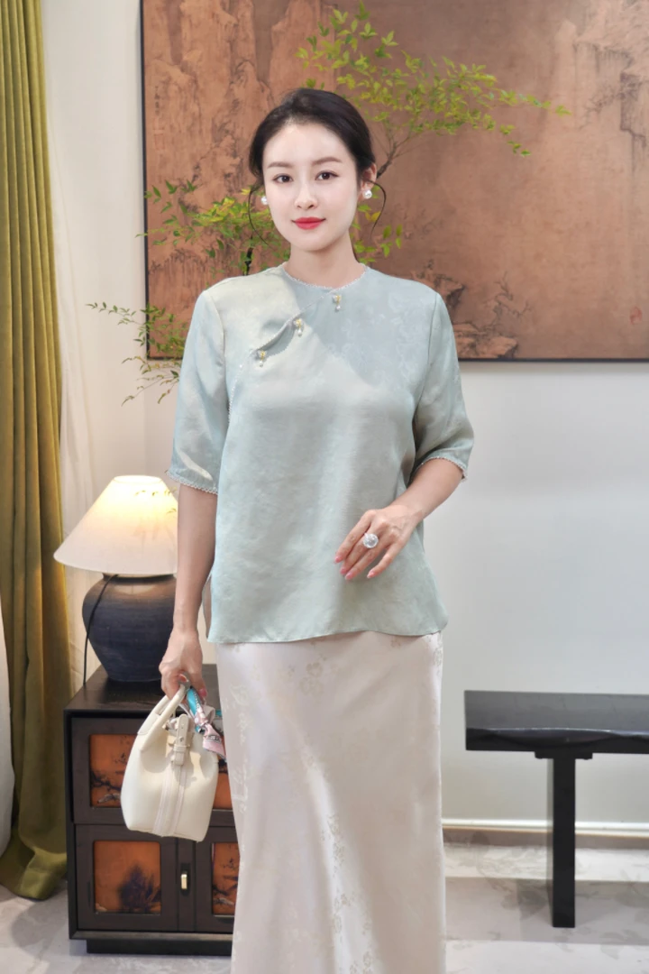 【福利品】翠裳·真丝机织花罗圆领斜襟夏季上衣