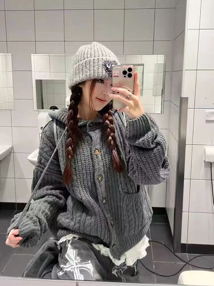 美式复古麻花连帽毛衣开衫女2025秋冬慵懒风百搭针织上衣外套ins