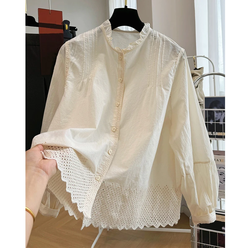 韩版法式春秋新款设计感镂空木耳边长袖衬衫上衣女大码宽松潮流爆