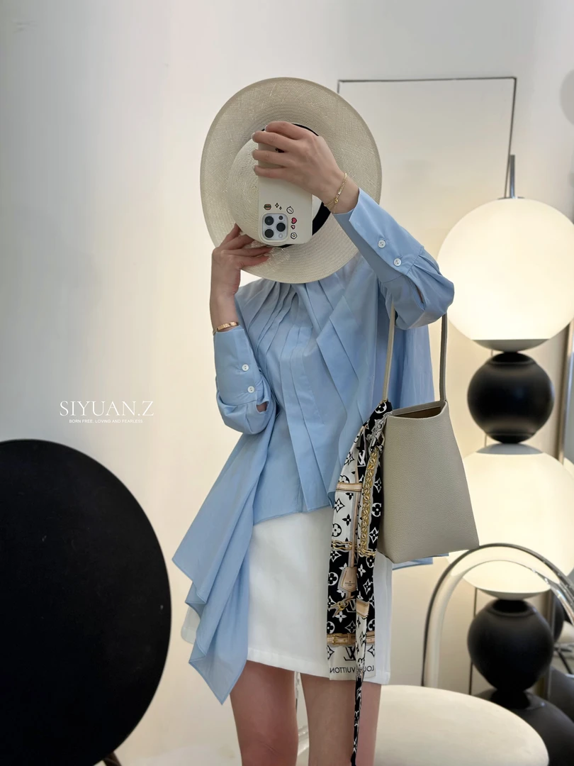 【SIYUAN.Z】“空气蓝”天丝棉蓝色衬衫不规则压褶不对称设计休闲长袖