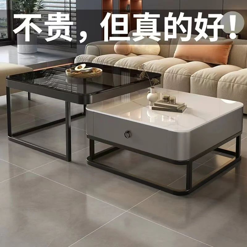 岩板茶几客厅家用轻奢现代简约小户型可伸缩储物奶油风1