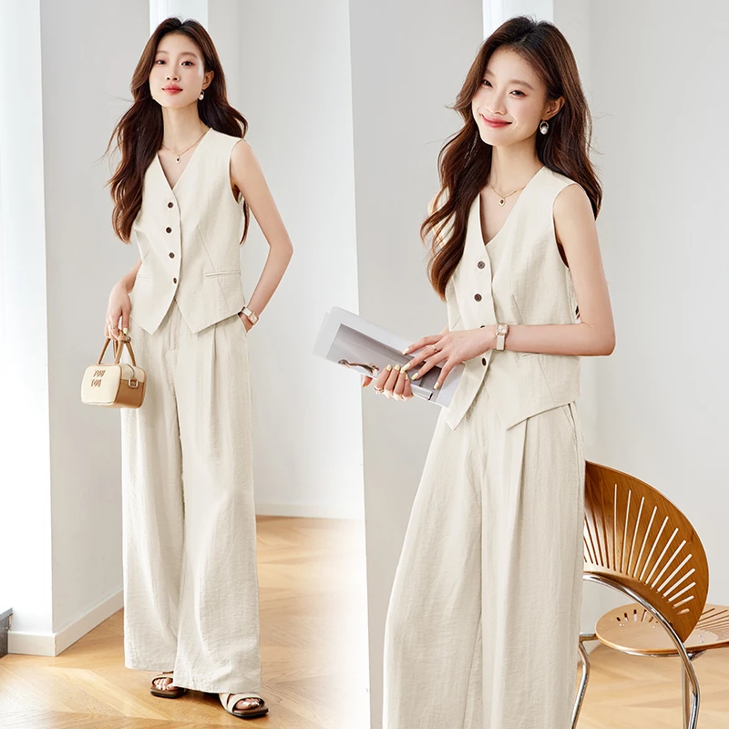 现货老钱风马甲亚麻套装女2025夏季新款套装两件套