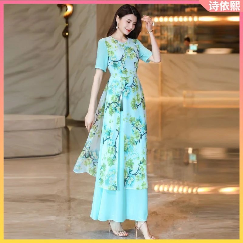1腰部收腰设计新中式假两件碎花连衣裙女夏季2025感气质超长大l
