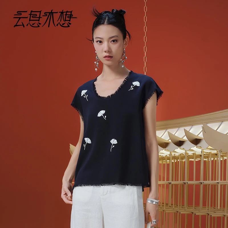 Ysimo-X云思木想 蓝黛珠花 手工钉珠U领醋酸优雅T恤13153