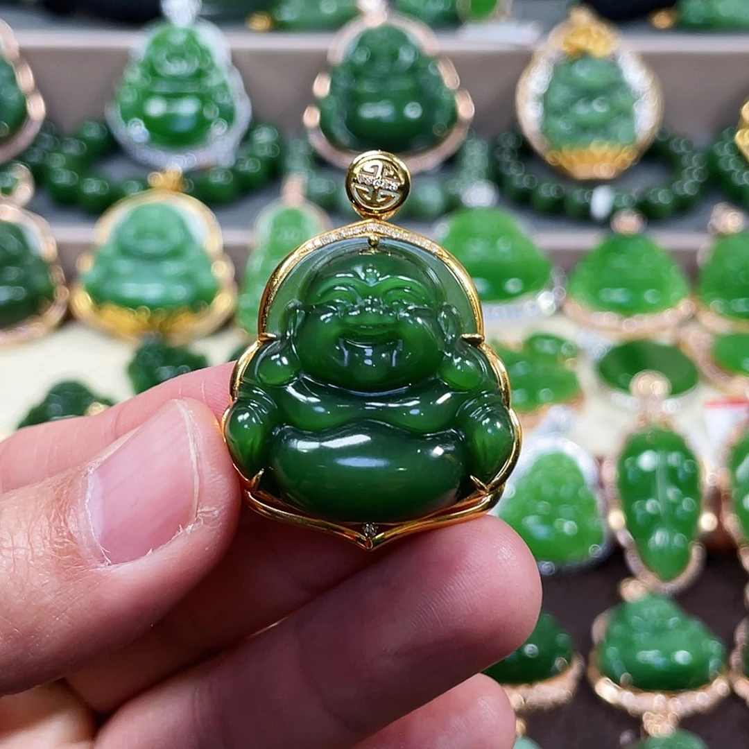 和田玉（碧玉）颈饰18K金镶嵌如**宝佛公30mm