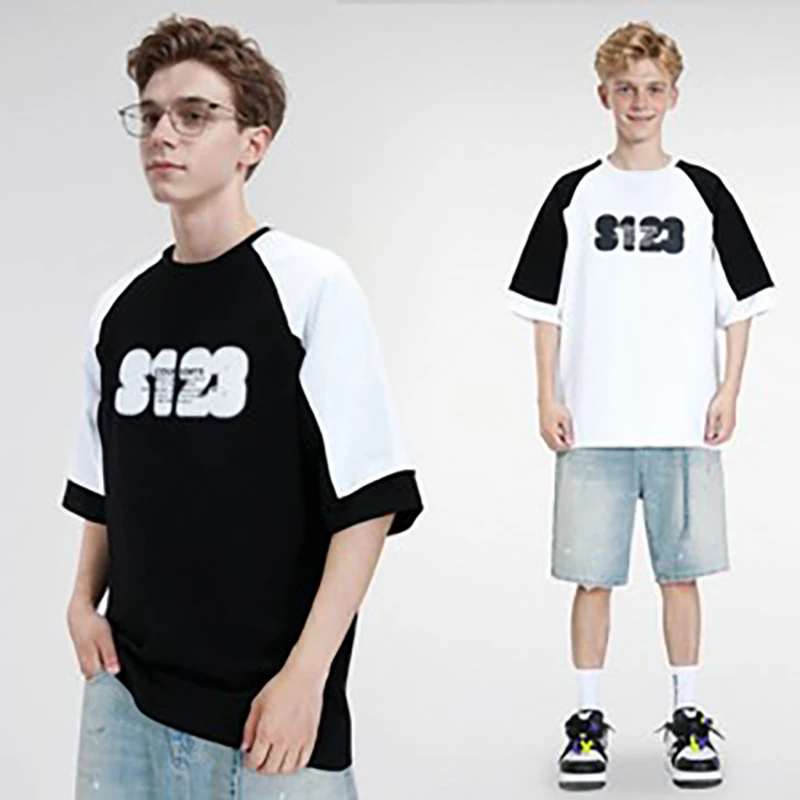S123-夏季新款插肩袖字母印花拼色短袖男T恤1038