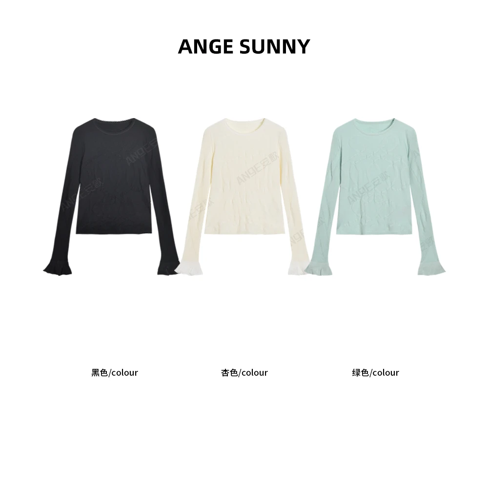 ANGE SUNNY【花边领提花羊毛衫】花苞袖圆领长袖针织衫