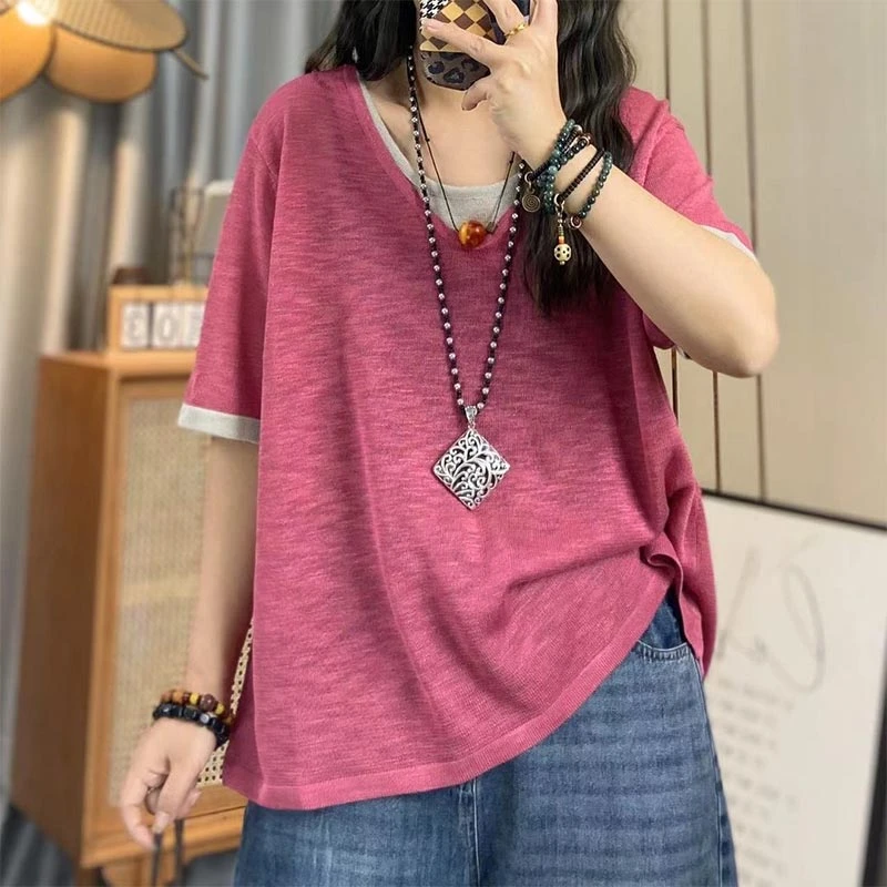 韩版V领短袖针织衫T恤女2025年夏季新款假两件拼接撞色气质上衣潮