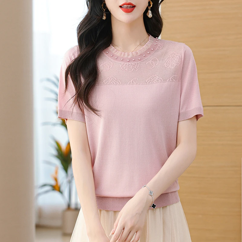 2025夏季设计感木耳边钉珠短袖T恤女士妈妈纯色气质镂空半袖上衣