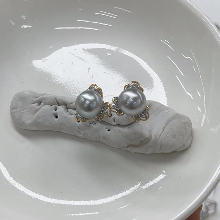 银S925镶嵌耳饰海水珍珠8-9mm