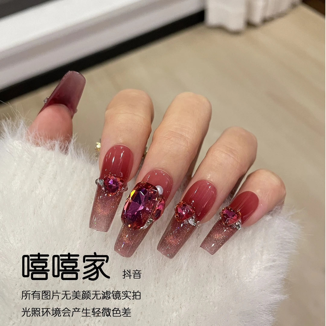 【微醺玫瑰】手工穿戴甲实拍爆闪碎钻玫红色猫眼显白高级美甲