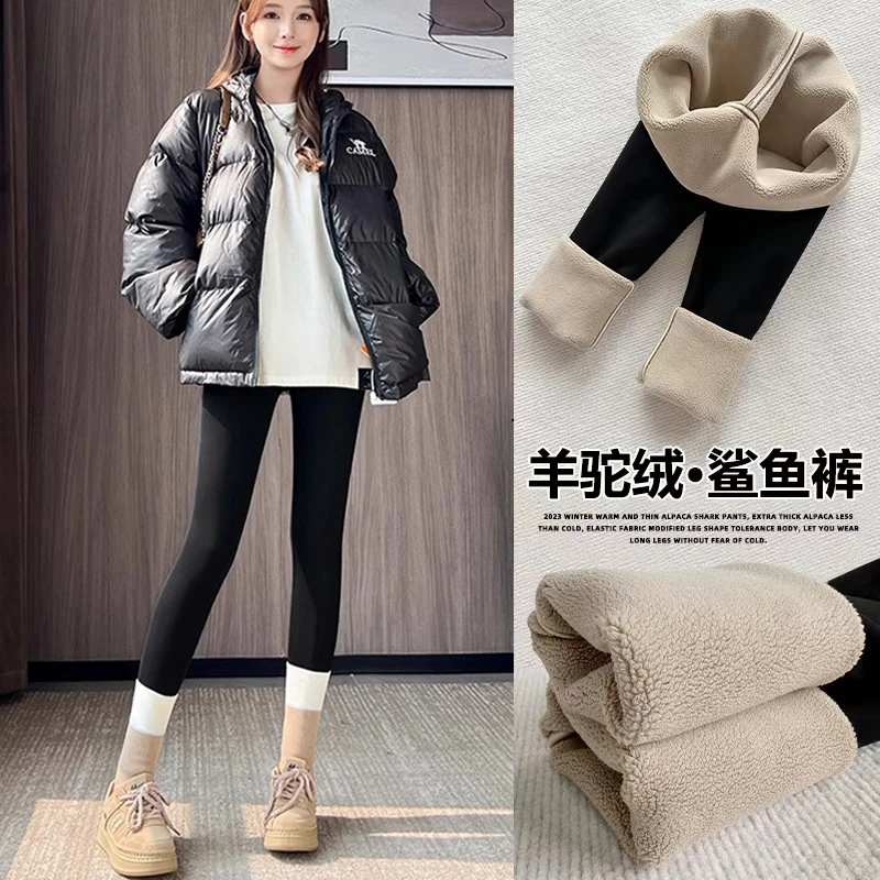 小个子八分加绒鲨鱼裤女外穿秋冬季无尴尬线弹力九分瑜伽打底裤子