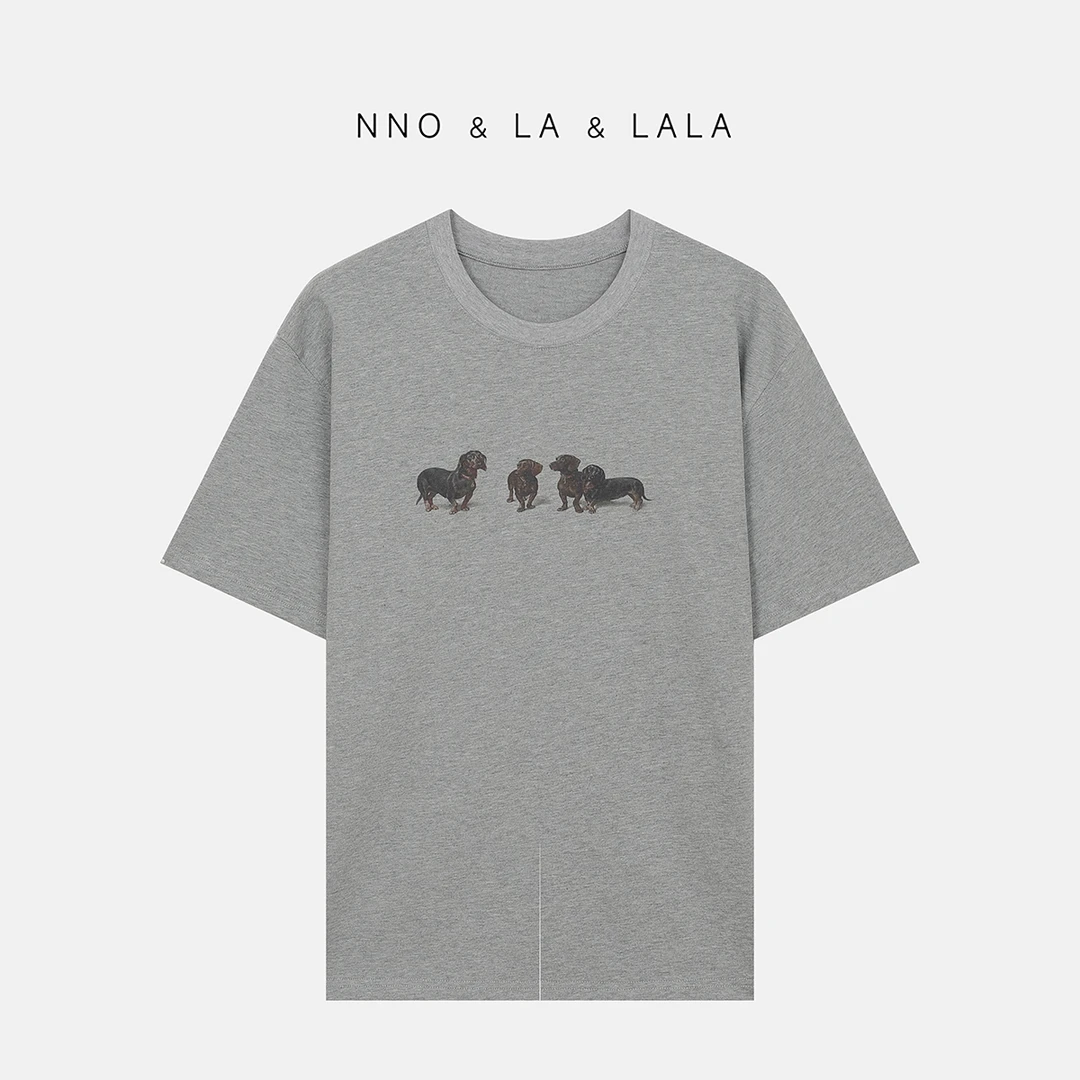 LA oversize小狗聚会 重磅 灰色腊肠小狗印花 T恤 26479