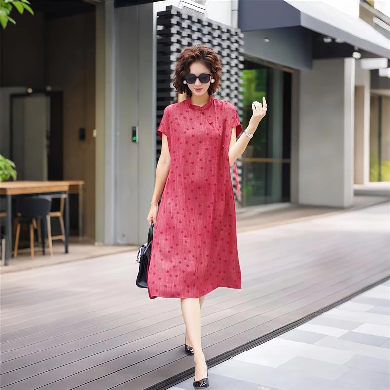 611短袖夏季大码新中式国风气质妈妈中长裙遮肉显瘦波点连衣裙子