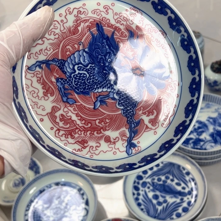 瓷片白青花釉里红麒麟踏浪大壶承全品