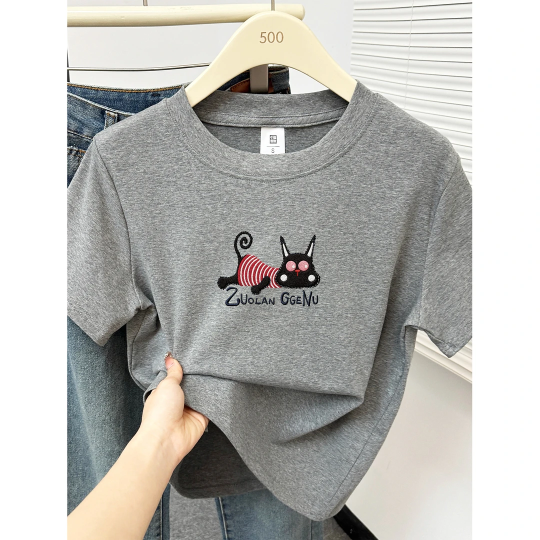 正肩短袖t恤女2025夏季爆款大码胖mm洋气百搭圆领休闲体恤衫上衣