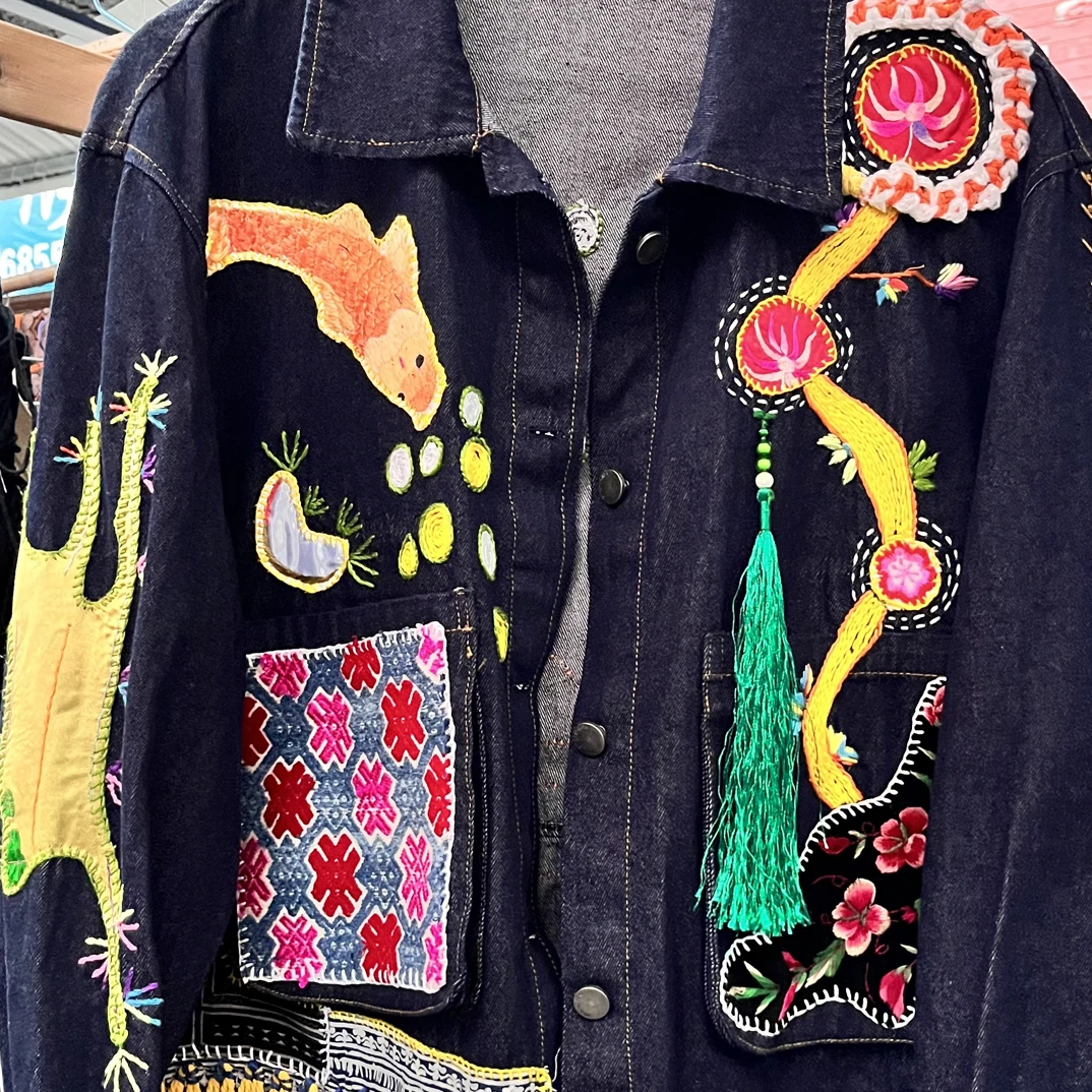 宽松型服装百搭老绣手工重磅牛仔刺绣外套春款