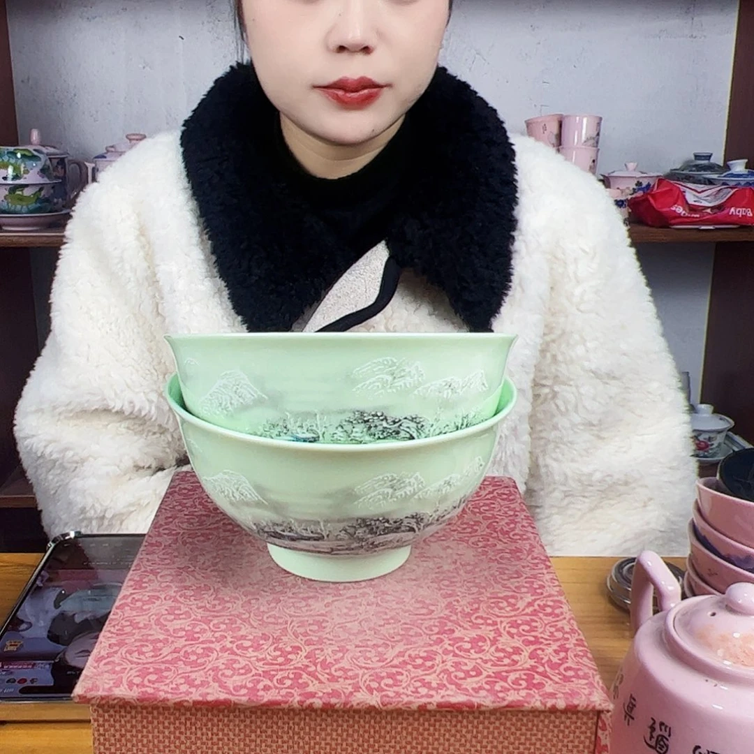 摆件陶景德镇绿xixi雪景碗2个