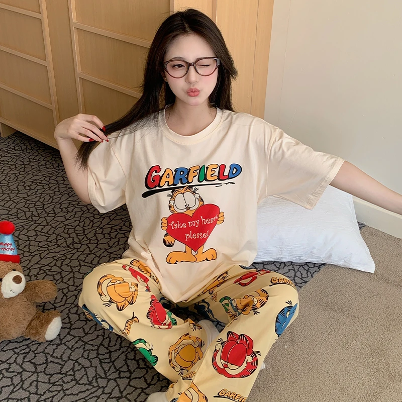 新款睡衣女夏季短袖长裤卡通可爱加菲猫少女家居服套装夏天可外穿