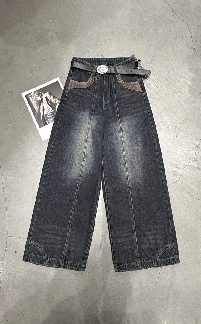 QIMO启茉（福利款A8352#美式阔腿牛仔裤）灰蓝色