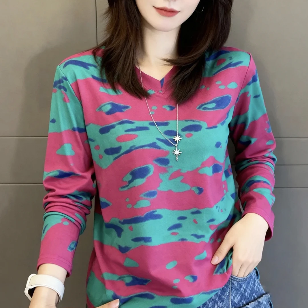 一抹缘 秋季百搭减龄彩条拼色时尚气质v领套头打底T恤女2074