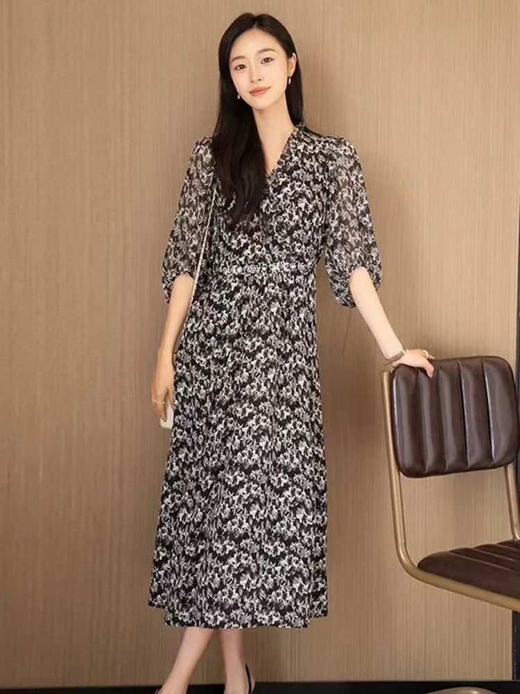 【QX494】时尚高端碎花连衣裙女2025新款夏季高级感妈妈气质长款裙