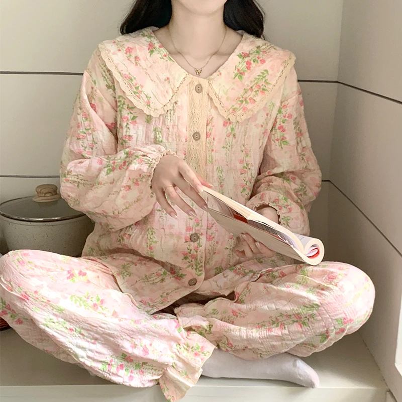 【可拆卸胸垫】睡衣女款春秋季云朵棉长袖长裤两件套休闲舒适家居服