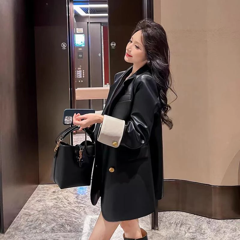 高级感黑色pu皮衣外套女2025春秋韩版宽松休闲设计感拼色