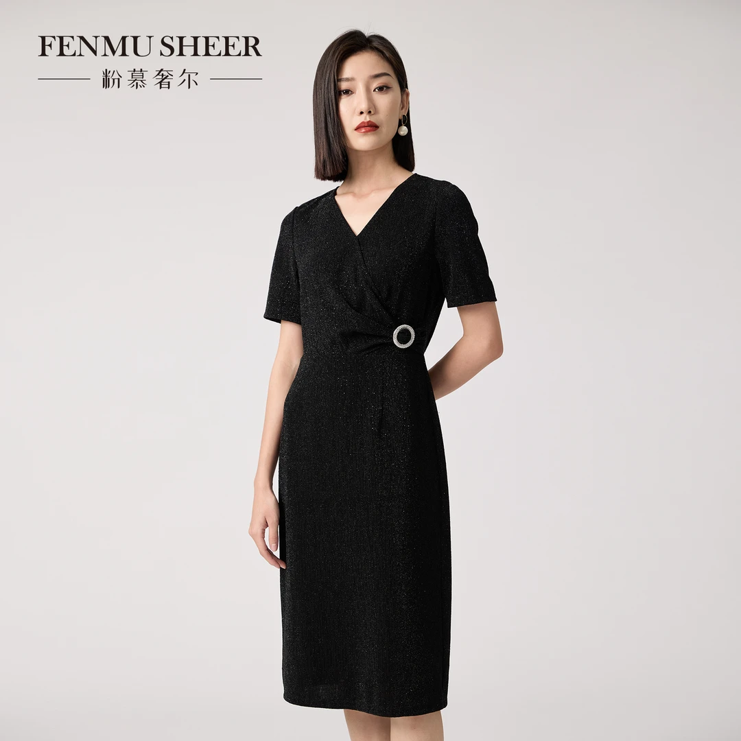 【婷婷专属】粉慕奢尔『漫天星辰』V领法式裹身裙掐腰连衣裙-D2190