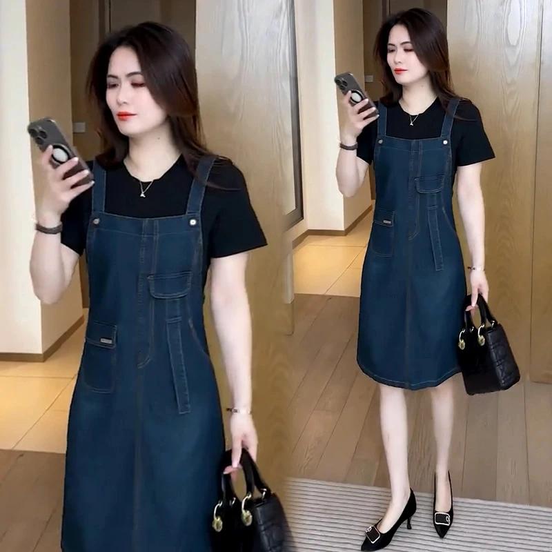 时尚牛仔连衣裙女2025夏季新款洋气减龄假两件拼接背带裙中长裙子