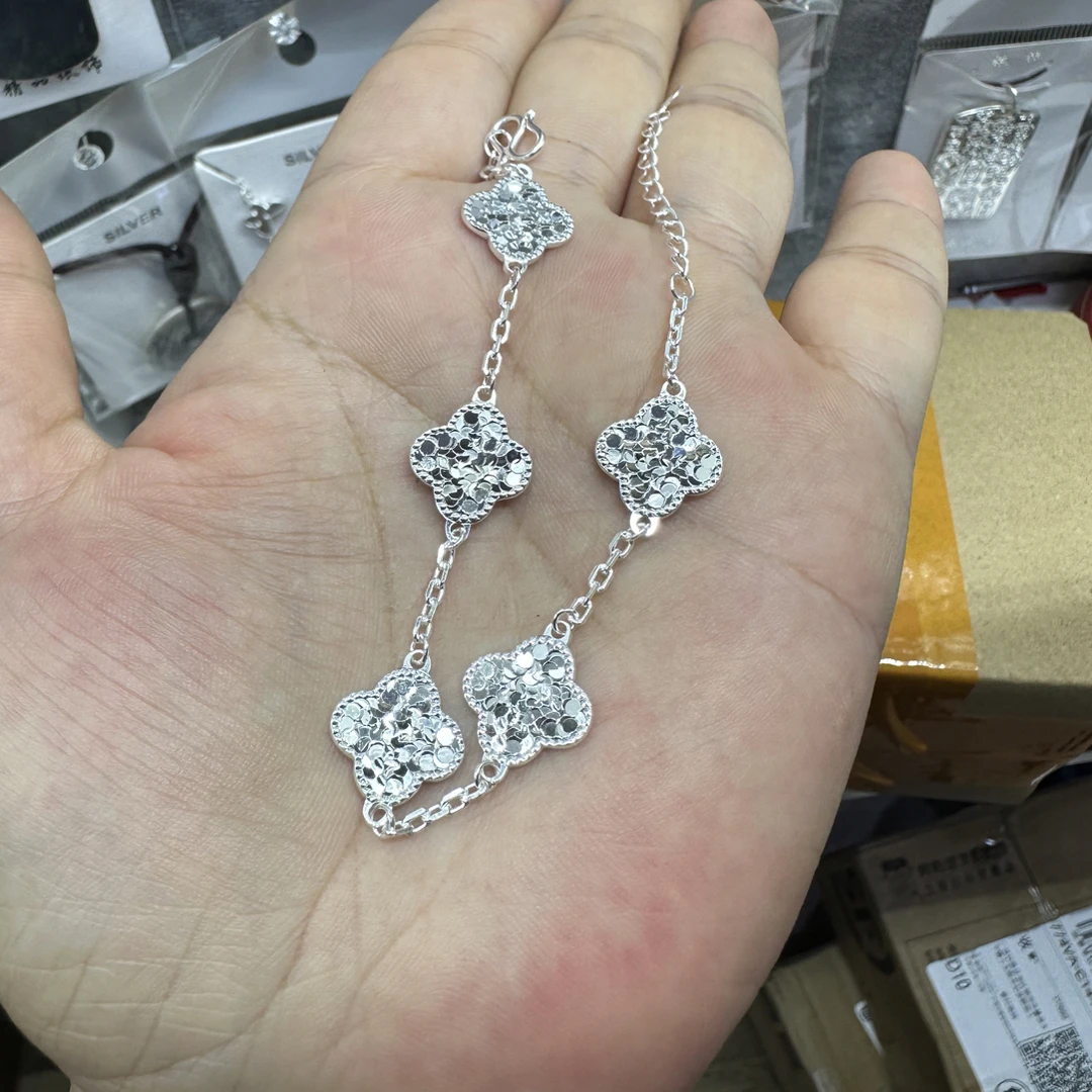 足银手链 足银999手链，金碎碎冰四叶草手链双面可戴手链