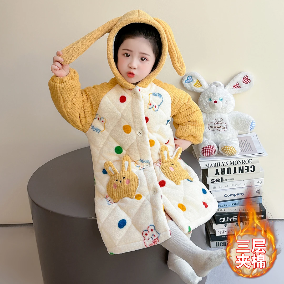 儿童睡袍长款三层夹棉加厚公主可爱女孩女童睡衣冬季加厚加绒