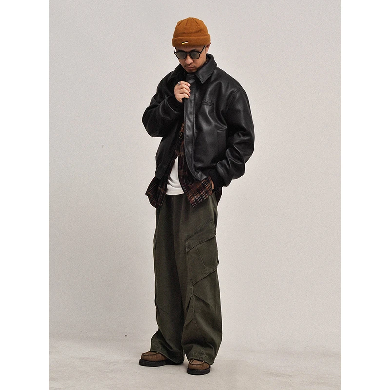 Gopcore！Y2K美式复古风机车pu皮衣 字母刺绣宽松翻领皮夹克外套