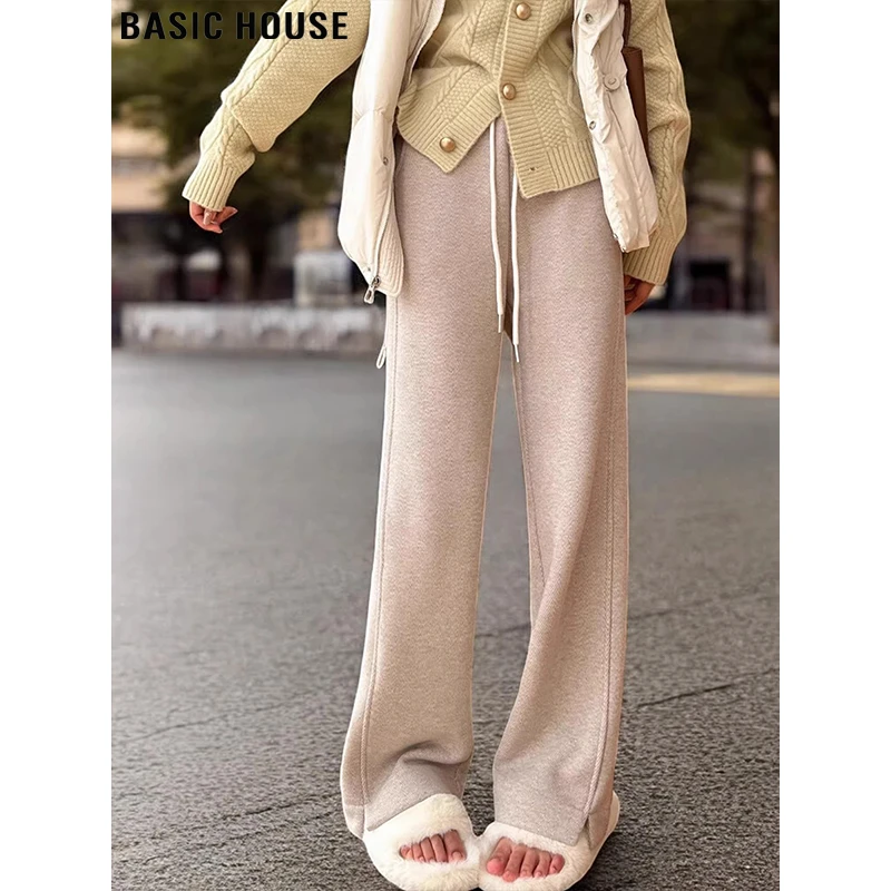 Basic House/百家好人字纹高腰阔腿裤女秋冬宽松休闲直筒毛呢裤子
